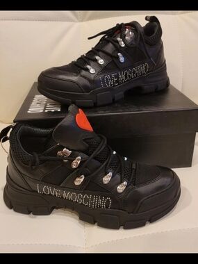 Love Moschino Black Chunky Logo Sneakers with Red Heart